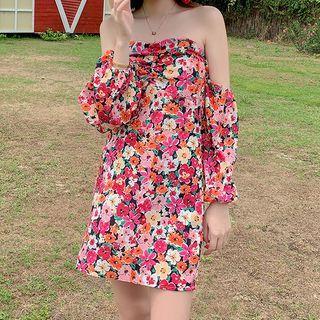 Long-sleeve Floral Print Off-shoulder Mini Dress