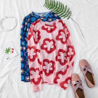 Long Sleeve Flower Print Sheer Top