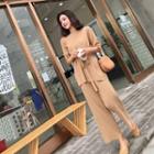 Set: Plain Elbow Sleeve Knit T-shirt + Wide Leg Pants
