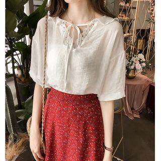 Lace Trim Lace Up Elbow-sleeve Blouse