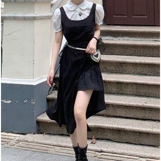 Puff-sleeve Mock Two-piece Asymmetrical Hem Dress