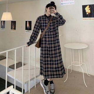 Long-sleeve Plaid Midi Dress Plaid - Navy Blue - One Size