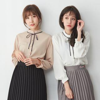 Band Collar Bow Accent Shirt