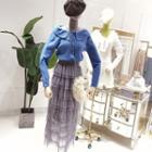 Set: Layered Collar Cardigan + Midi Tiered Mesh Skirt As Shown In Figure - One Size