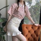 Short Sleeve Check Polo Shirt / Ruched Mini A-line Skirt
