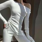 Off Shoulder Drawstring Ribbed-knit Sweater