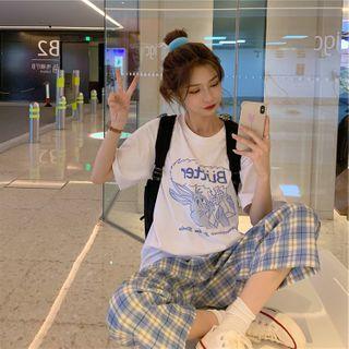 Rabbit Print Elbow-sleeve T-shirt / Plaid Straight-cut Pants