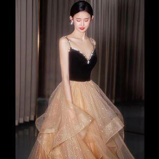 Spaghetti-strap Mesh Panel A-line Evening Gown