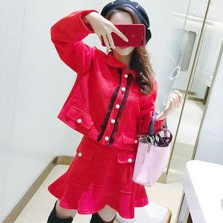 Set: Long-sleeve Jewelry Jacket + Ruffle-hem Skirt