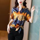 Short-sleeve Collared Print Tie-front Blouse