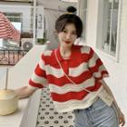 Short-sleeve Striped Polo Knit Top Stripes - Red & White - One Size