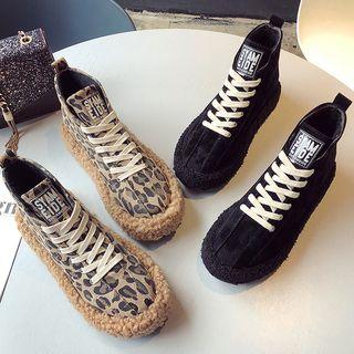 Plain / Leopard Print Furry Lace-up Ankle Boots