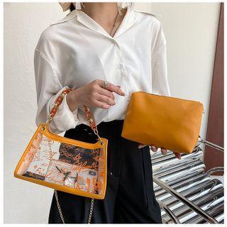 Set: Lettering Pvc Panel Chain Crossbody Bag + Pouch