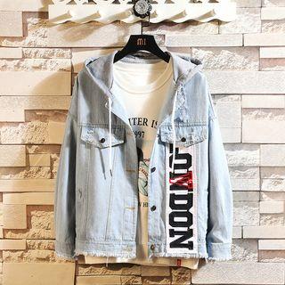 Lettering Embroidered Hooded Buttoned Denim Jacket
