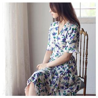 Ruffle-trim Floral Print Wrap Dress Ivory - One Size