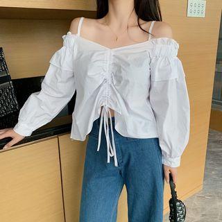Long-sleeve Off-shoulder Drawstring Blouse White - One Size
