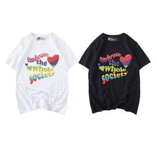 Short Sleeve Heart Print Lettering T-shirt