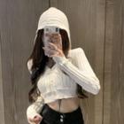 Long Sleeve Hooded Cropped Knit Cardigan White - One Size