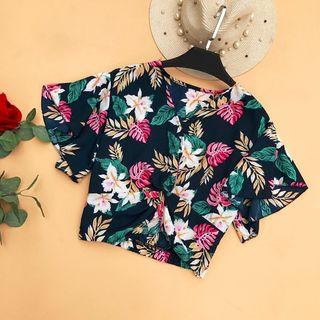 Floral Print V-neck Twsit-front Top