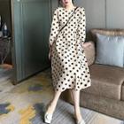 Long-sleeve Dotted A-line Midi Dress Dotted - Beige - One Size