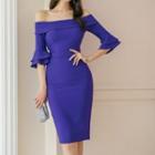 Elbow-sleeve Off-shoulder Frill Trim Bodycon Dress