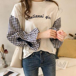 Checked Sleeve Printed Pullover
