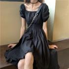 Short-sleeve High-low Plain Dress Black - One Size
