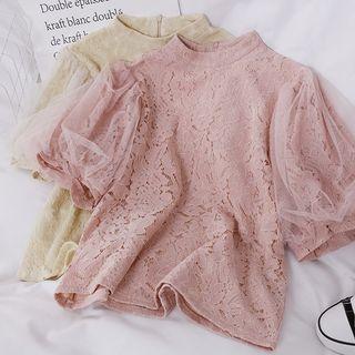 Puff-sleeve Lace-trim Crop Top