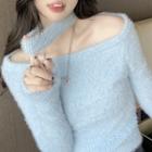 Long-sleeve Off-shoulder Fluffy Knit Top Blue - One Size
