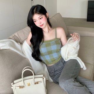 Plaid Camisole Top / Cardigan / Wide-leg Pants