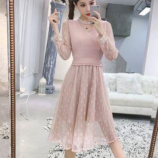 Set: Long-sleeve Lace Dress + V-neck Knit Vest