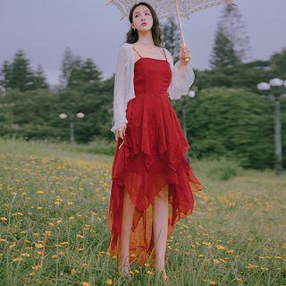 Set: Irregular Hem Spaghetti Strap A-line Dress + Lace Trim Open Front Jacket