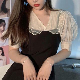 Set: Collared Elbow-sleeve Blouse + Mini A-line Pinafore Dress
