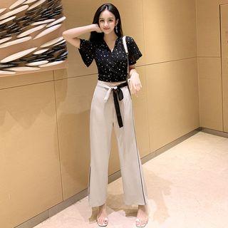 Set: V-neck Short-sleeve Top + Slit Wide Leg Pants