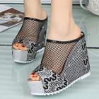 Platform Wedge Heel Rhinestone Lettering Slide Sandals