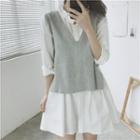 Plain Shirt Dress / V-neck Knit Vest