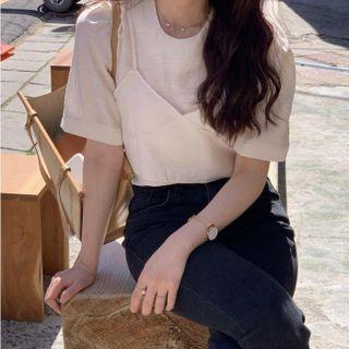 Inset Camisole Short-sleeve Top Almond - One Size
