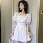 Puff-sleeve Square Neck Ruffle Trim Ruched Crop Top / Mini A-line Dress