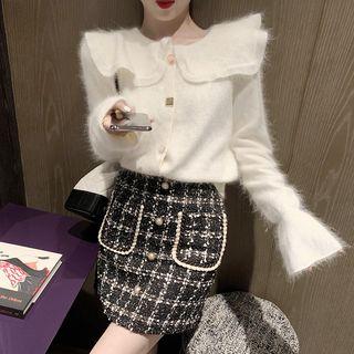 Long-sleeve Button Knit Top / Tweed Mini A-line Skirt