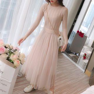 Mesh Overlay Cable Knit A-line Midi Dress