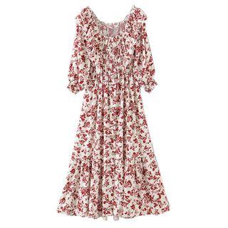 3/4 Sleeve Floral Print Frill Trim Dress