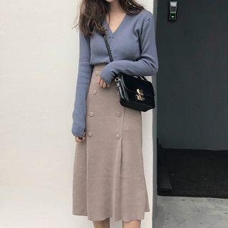 Set: V-neck Long-sleeve Knit Top + Midi H-line Skirt