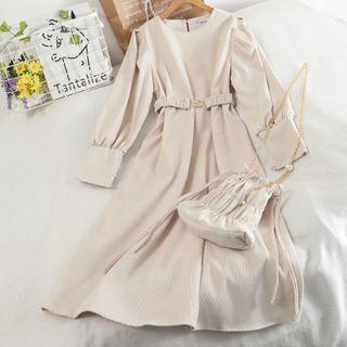 Set: Tie-waist Long-sleeve Midi Shift Dress + Chain Strap Crossbody Bag