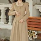 Set: Long-sleeve Collared Top + A-line Skirt + Belt