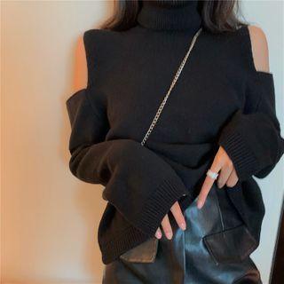 Cold-shoulder Turtleneck Knit Top