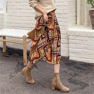 Scarf Print Long Pleat Skirt Red - One Size