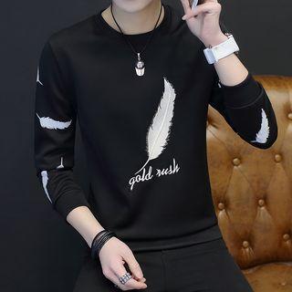 Feather Embroidered Round Neck Pullover