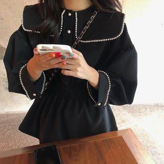 Faux Pearl Trim Peplum Blouse