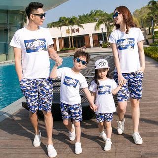 Family Matching Set: Lettering Short Sleeve T-shirt + Camo Shorts