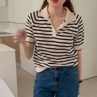 Short-sleeve Striped Knit Polo Shirt Stripe - Black & White - One Size